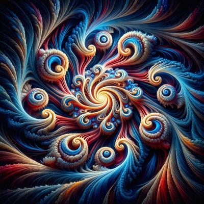The primary subject of the image is a vibrant and colorful spiral pattern, which is the main focus of the image. The spiral pattern is set against a blue background, creating a visually striking contrast. The visual style of the image is a combination of digital art and illustration, with the spiral pattern being intricately detailed and the overall atmosphere being lively and energetic. The dominant colors in the image are blue and orange, with the blue background providing a sense of calmness while the orange spiral pattern adds a sense of warmth and energy to the scene.